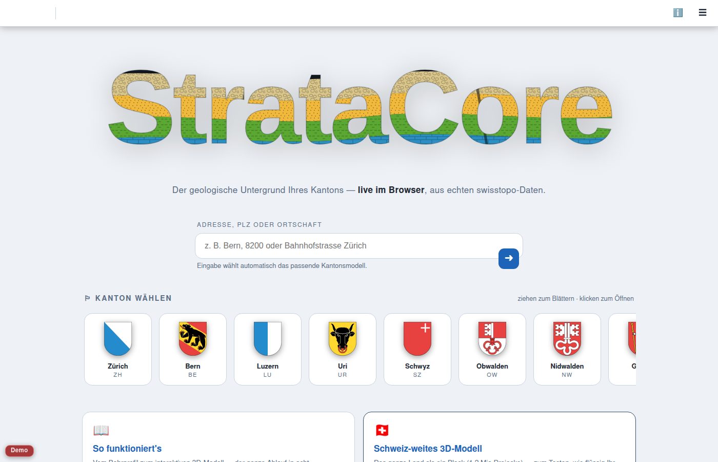 Startseite mit Logo, Ortssuche und Kantons-Karussell